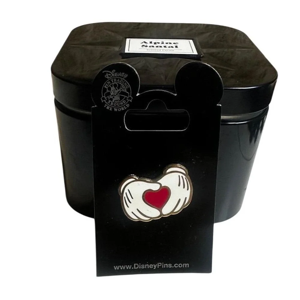 Disney Mickey Mouse Heart Hands Enamel Pin & Alpine Santal Scented Candle Set